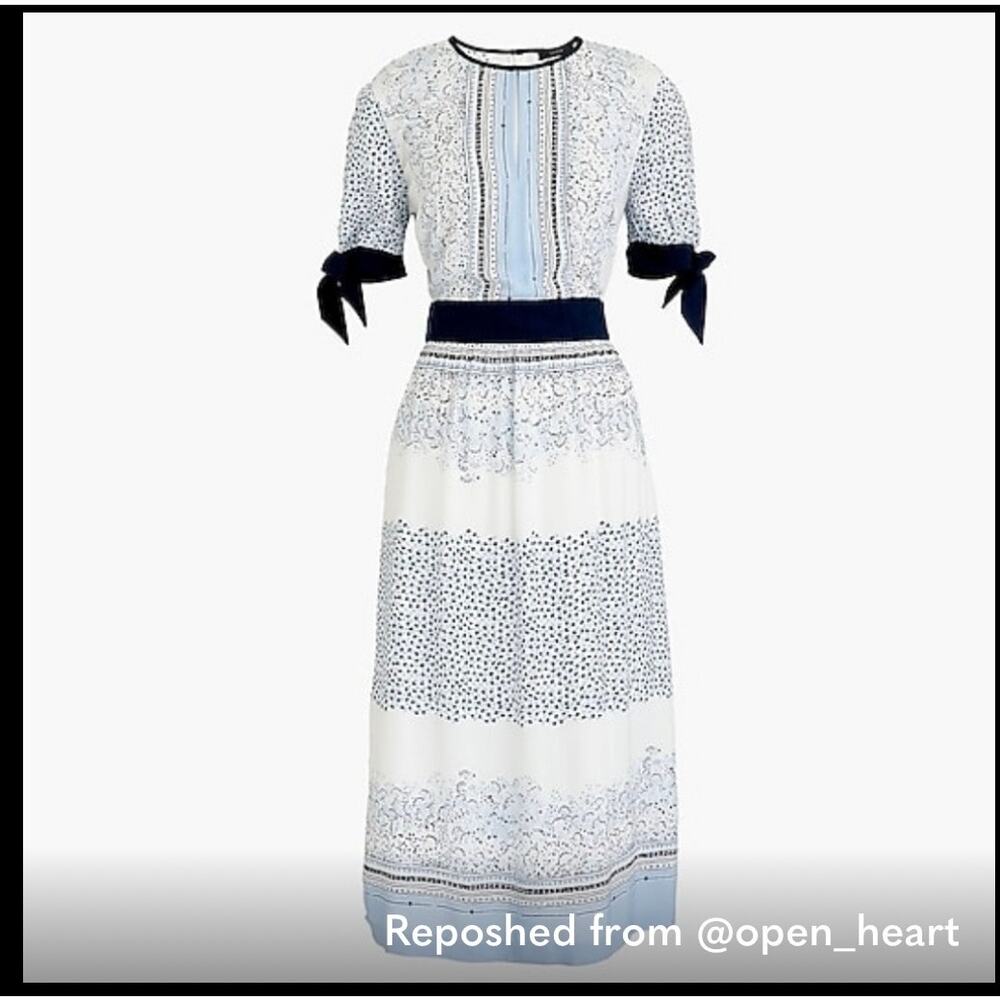 J. Crew Blue and White Mixed Print Tie-Sleeve Dress -Size 6